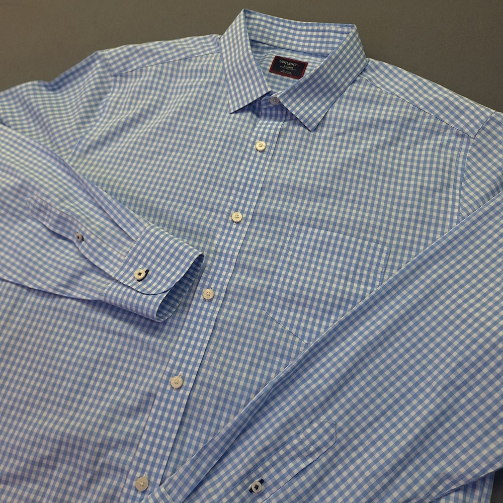 UNTUCKit Mens XL Slim Fit Wrinkle Free Gingham Button Down Shirt Blue White